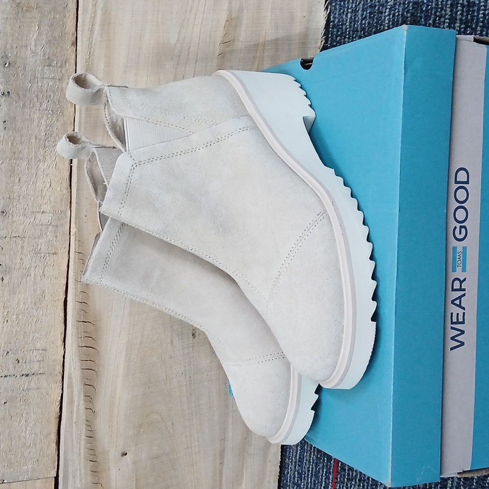 Toms Maude Wedge Chelsea Boot Oatmeal Tan Leather Upper Ankle Bootie Zip Size 8 - Picture 3 of 10
